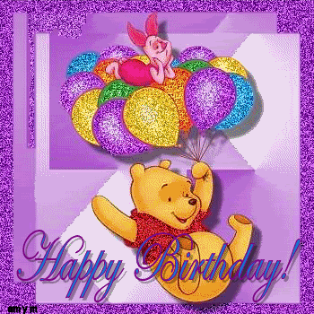 a happy birthday card with winnie the pooh and piglet holding balloons