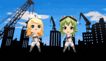 a couple of anime characters standing in front of a city
