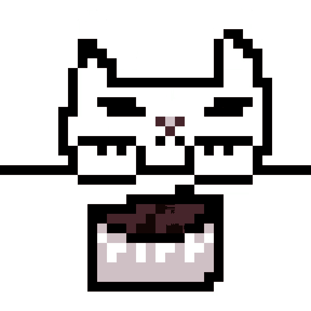 it looks like a pixel art of a cat with glasses and a pink nose .