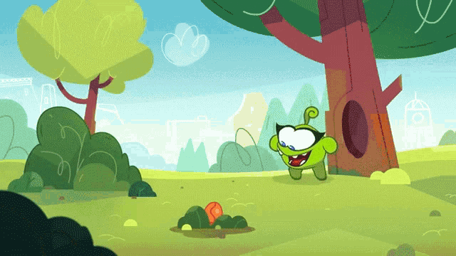 a cartoon of a frog standing next to a tree with a house in the background