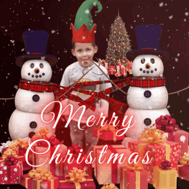 a merry christmas greeting card with two snowmen and gifts