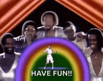 a group of people are dancing in front of a rainbow with the words have fun written on the bottom