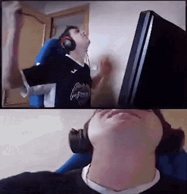 a man wearing headphones is sitting in front of a computer screen