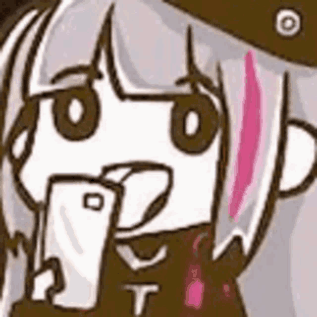 a close up of a cartoon character holding a cell phone in her mouth .