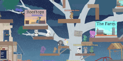 a cartoon tree with a sign that says rooftops on it