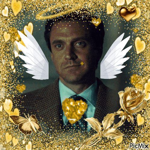 a picture of a man with angel wings surrounded by hearts and butterflies