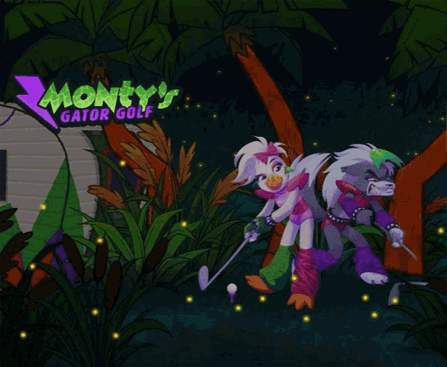 a poster for monty 's gator golf with two cartoon characters playing golf