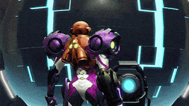 a video game character in a purple suit is standing in a room .