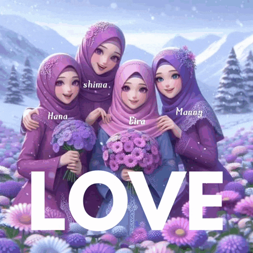a picture of four girls with the word love in the middle