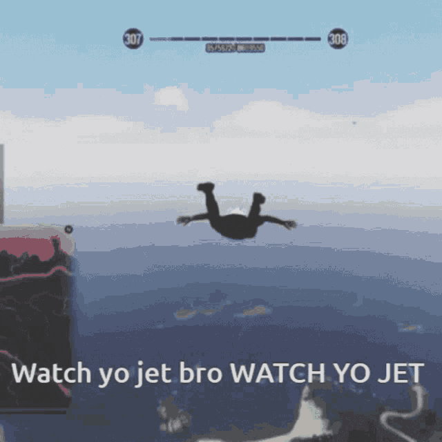 a man is flying through the air with the words watch yo jet bro watch yo jet below him