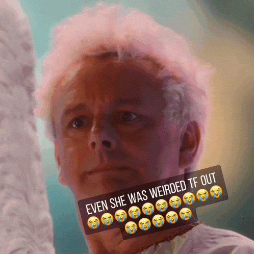 a man with pink hair has a sticker on his neck that says even she was weirded tf out