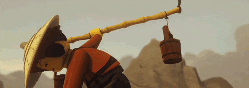 a cartoon character is carrying a bucket and a bamboo pole