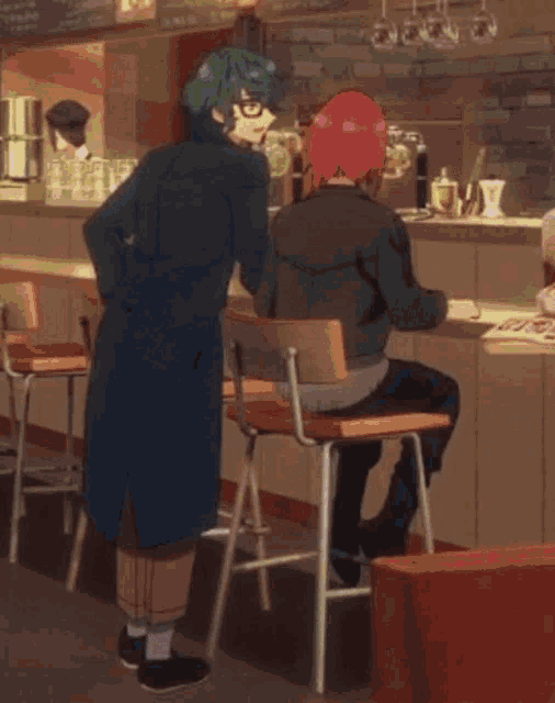 a cartoon of two people sitting at a counter in a restaurant
