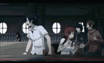 a group of anime characters are standing around a table in a dark room .