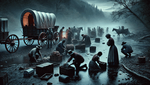 a painting of a group of people in a river