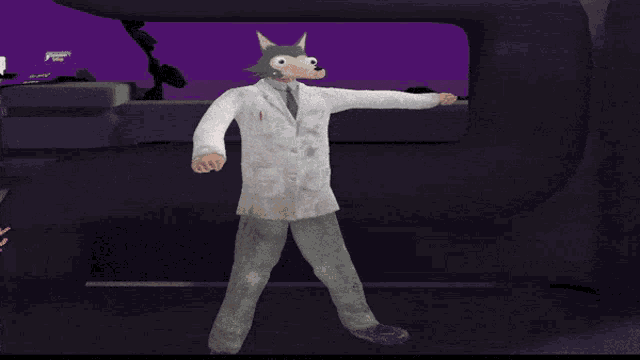 a cartoon drawing of a person 's arm with a purple background and a blue arrow pointing to the right