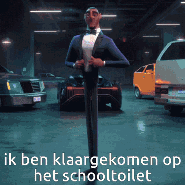 a man in a tuxedo is standing in front of a car with the words ik ben klaargekomen op het schooltoilet