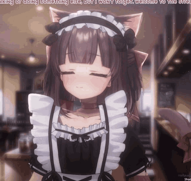 a girl in a maid outfit with a cat ear headband is talking or doing something else but i won t forget