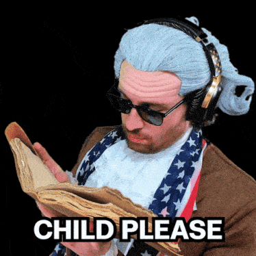 a man wearing a wig and headphones is reading a book that says child please on the bottom