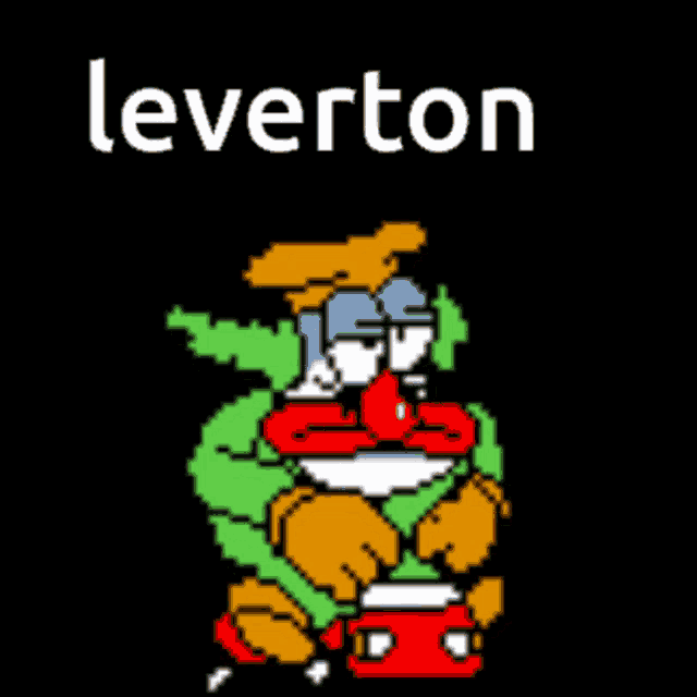 a pixel art of a clown with the word leverton above him