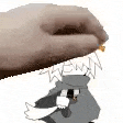 a hand is holding a piece of cheese over a cartoon character 's head .