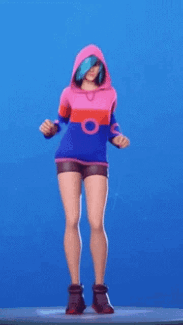 a woman in a pink and blue hoodie and shorts is dancing .