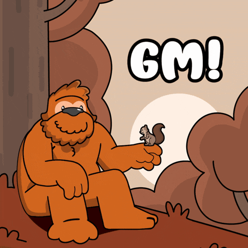 a cartoon drawing of a bigfoot holding a small squirrel and the word gm behind him