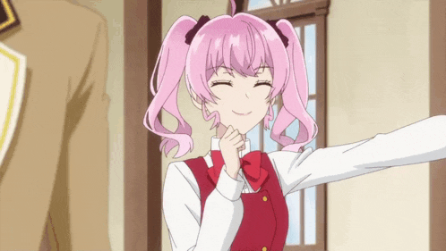 a girl with pink hair and pigtails is smiling with her hand on her chin