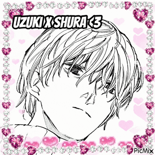 a black and white drawing of a boy with the name uzuki x shura written on it