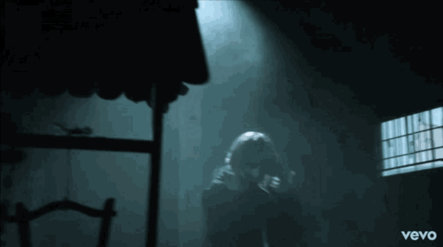 a person standing in a dark room with the word vevo on the bottom