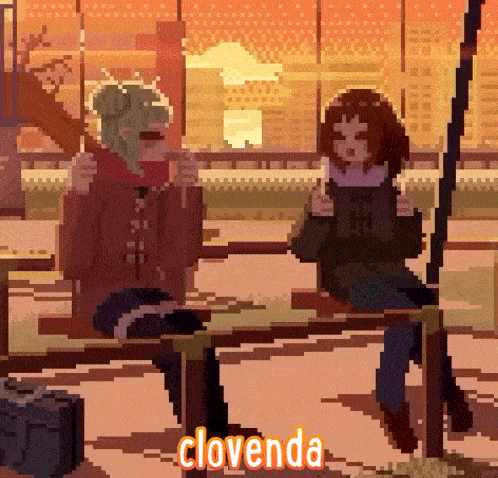 a pixel art drawing of two girls sitting on a bench with the word clovenda written above them