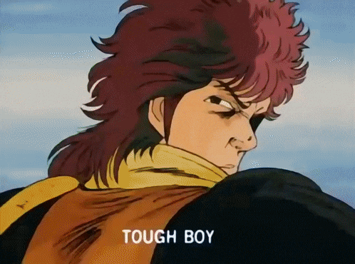 a close up of a cartoon character with the words tough boy below him
