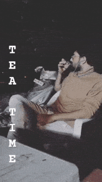 a man sitting in a chair drinking a cup of tea with the words tea time written below him