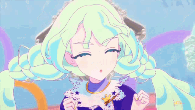 a girl with green hair is dancing in front of a colorful background