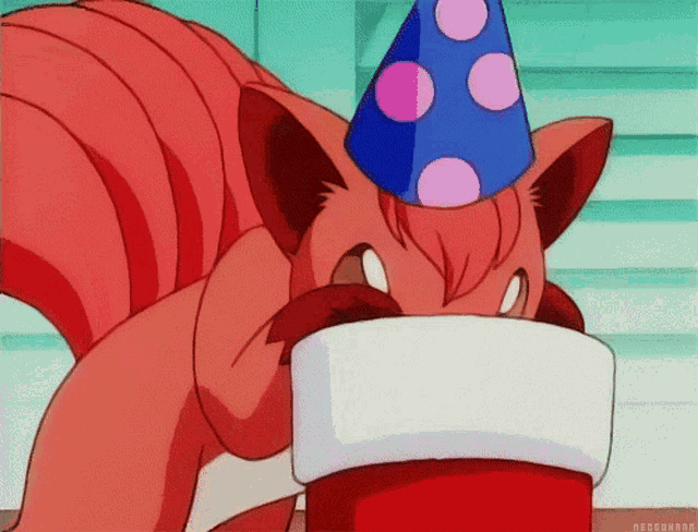 a cartoon of a squirrel wearing a party hat with pink polka dots