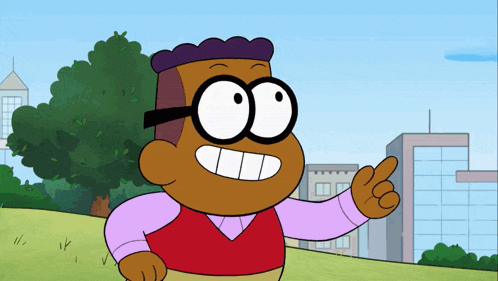a cartoon character wearing glasses and a red vest is pointing at something