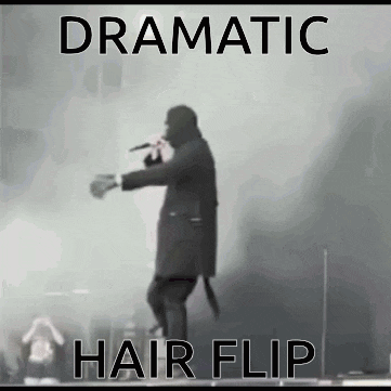 a black and white photo of a man singing into a microphone with the words dramatic hair flip