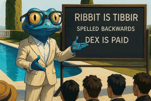 a lizard in a suit stands in front of a sign that says ribbit is tibbir spelled backwards