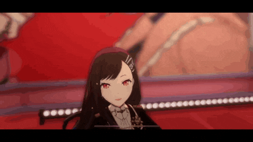 a girl with black hair and red eyes is standing in front of a red background .