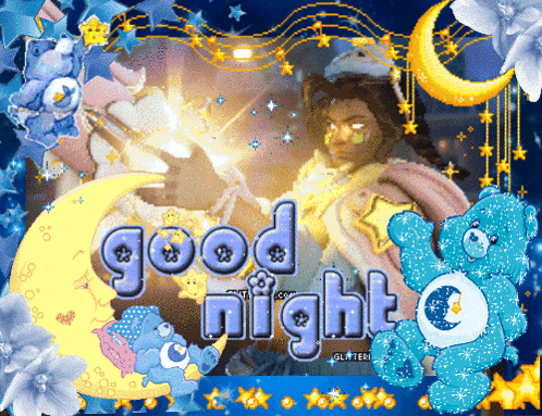 a greeting card that says good night with care bears and a moon