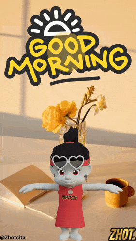 a cartoon character says good morning with a vase of flowers behind her