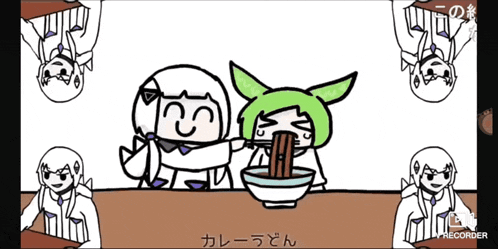 a cartoon of two girls eating noodles with the word recorder on the bottom left