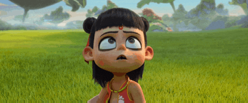 a cartoon girl is standing in a grassy field looking up at something .