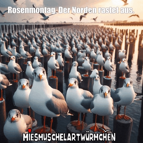 a bunch of seagulls standing on a dock with the words rosenmontag der norden rastet aus on the bottom