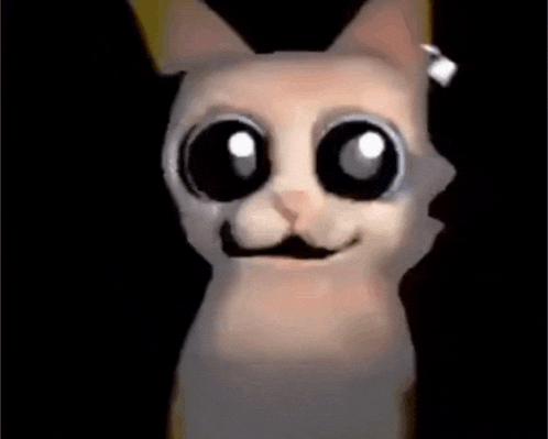 a cat with big eyes and a mustache is looking at the camera .