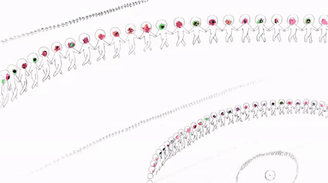 a drawing of a group of people holding hands with flowers on their faces
