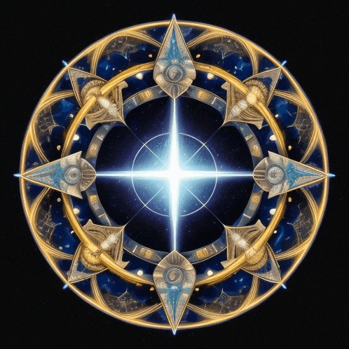 a blue and gold circle with a star in the center and a compass in the middle