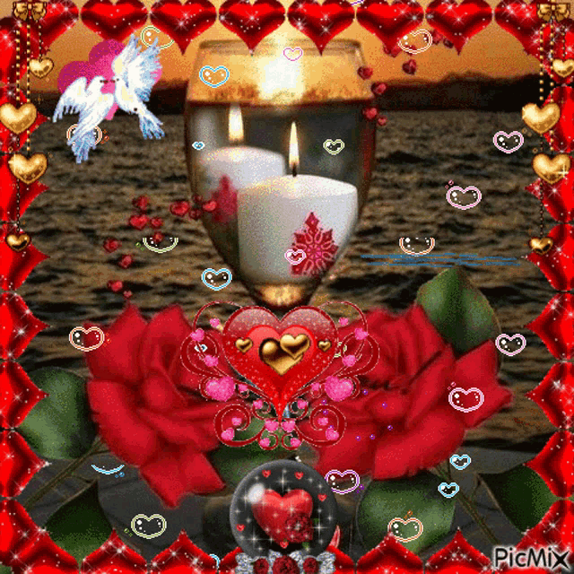 a picture of a candle in a glass with roses and hearts