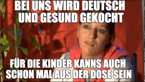 a woman is sitting in front of a plant with a caption that says `` bei uns wird deutsch und gesund gekocht ``
