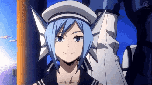 a girl with blue hair and a white hat is smiling